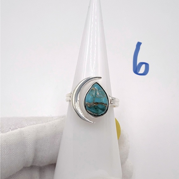 Genuine Copper Turquoise .925 Sterling Silver Moon Teardrop Ring - Picture 13 of 15
